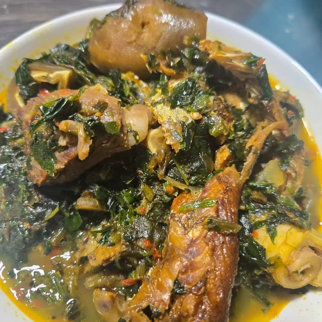 Efo riro vegetable soup rich with assorted meat, stockfish and shaki.